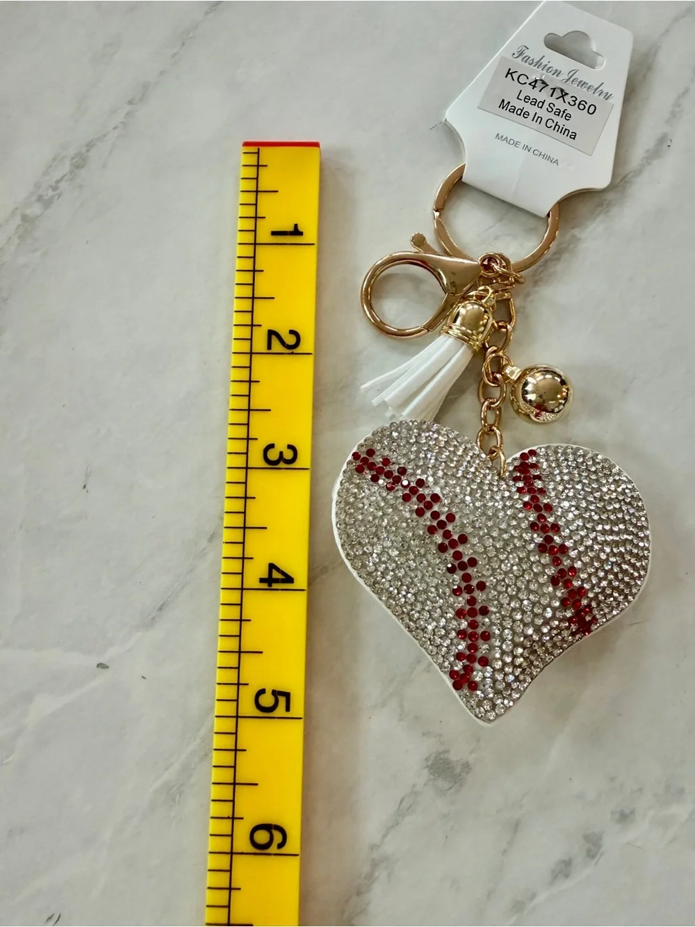 ✨ Bling Heart Baseball Puffy Keychain Bag Charm with Tassel ✨